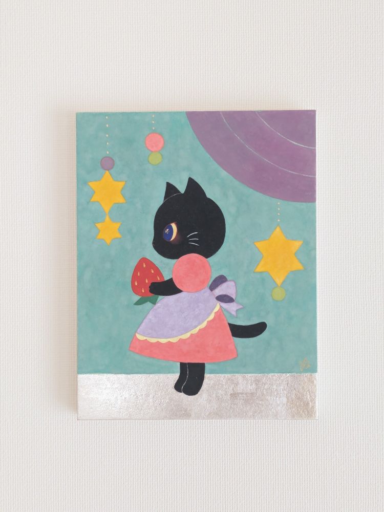 日本画〈プレゼント 黒ねこ〉