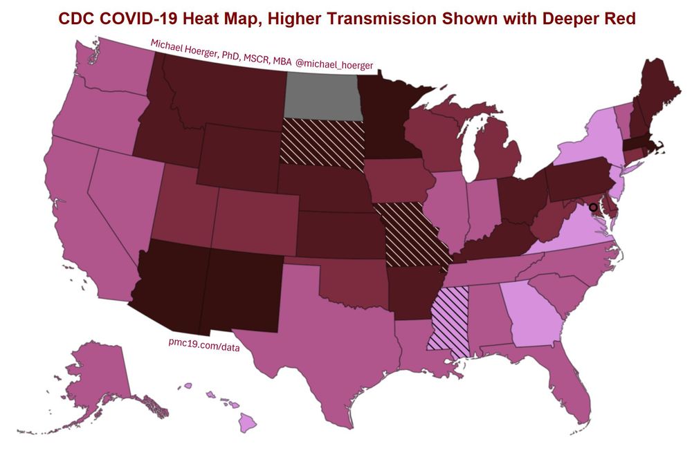 Map shows highest transmission in Arizona, New Mexico, Minnesota, and Massachusetts.