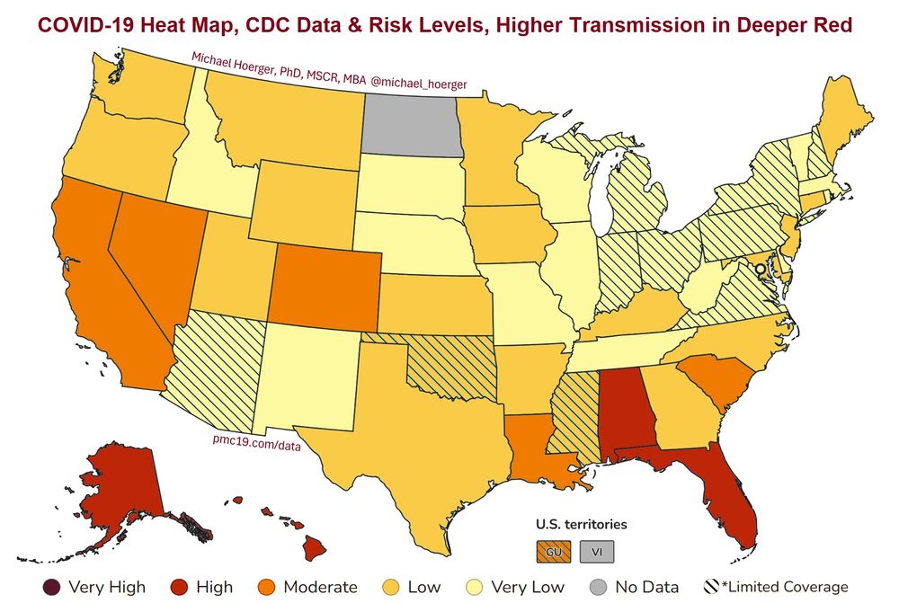 Heat map: Alaska, Hawai'i, Alabama, and Florida with the highest transmission. 11 states with little or no data. 
