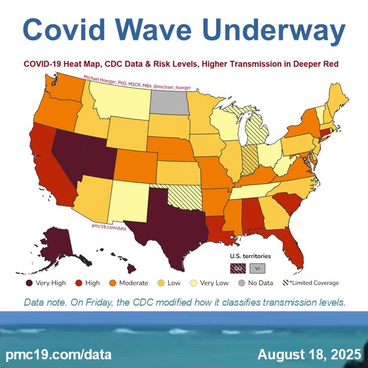 Image description: Heat map using CDC data, highest transmission described in the post.

More details: 
Data note: The CDC made a major update to how it processes and provides wastewater data on Friday, August 15. The changes include the following:

1) There are some inconsistencies in label descriptions on the website (e.g., top of the page says "Very Low" or "Low" but graph says "Moderate").

2) They have reclassified how they bin states into categories, which may put more states in the Very Low or Low categories than before.

3) They have switched from "normalized" data that accounts for confounders like rainfall levels to non-normalized data. The overall effect of this nationally appears minimal, but it may reduce data quality at the state or site level.

The changes came as we were about to release Version 3.0 of the forecasting model, which now requires additional effort. We hope to have the next dashboard update on August 25, have provided this week's updated heat map on the website, and include the graphics and report from last week on the website too. 

At present, new daily infections appear to top 700,000 in the U.S., but we will not know for a week or two whether real-time reports from the CDC are still reasonably reliable. The uptick the past week was very large, meaning the situation is much worse if the data hold. Stay tuned.