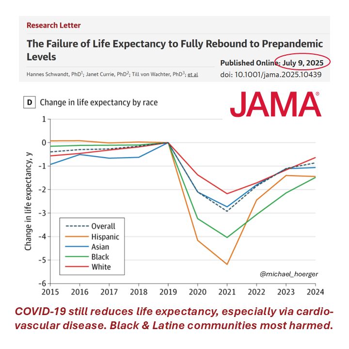 Figure shows reduction in population life expectancy of 1 year on average, with racial and ethnic health disparities, such that outcomes remain worse for people who are Black or Latine. Data are from California through 2024. 