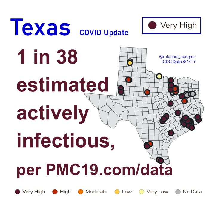 CDC: Very high, heat map shown
PMC: 1 in 38 estimated actively infectious