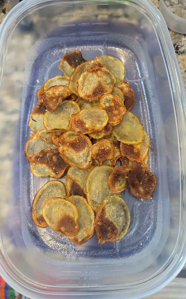 The finished product! Potato chips oven baked with a little kosher coarse salt.