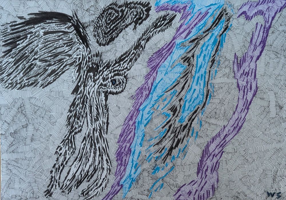 A winged creature with many legs is illuminated briefly from bolts of lightning.