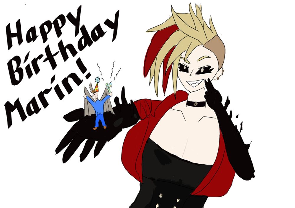 Popular VTuber MarinGoRound is holding a tiny imp in her right hand. He’s wearing a party hat and swirling a festive noisemaker, shouting “Happy Birthday, Marin!”