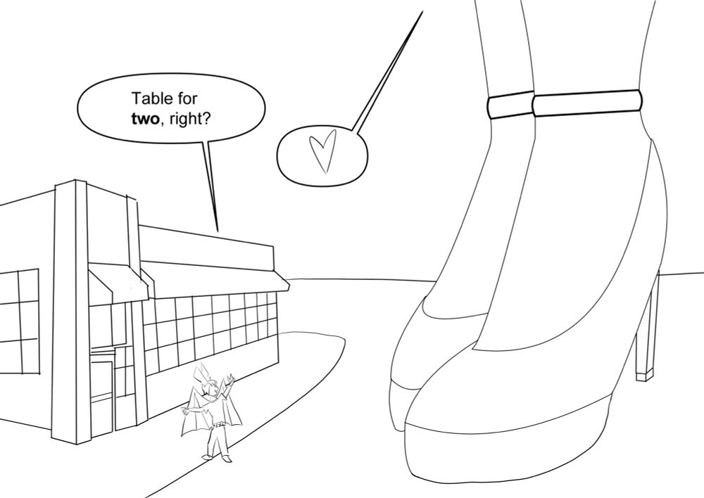 Impy isntanding outside a restaurant, pointing to it and asking “Table for two, right?” As he is addressing the VTuber MeeM, represented by a giant pair of high heeled shoes next to him. 