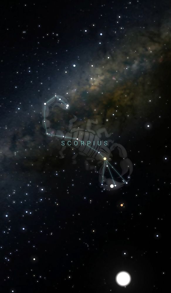 The constellation Scorpius, a pattern of stars resembling the arachnid, is backdropped by stellar clouds and open space.