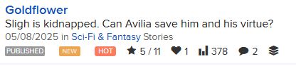 A screen shot of the story stats for "Goldflower", showing 378 views, 1 heart, 2 comments and a rating of 5 from 11 votes.