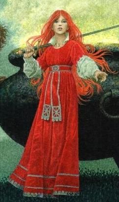 Princess Eilonwy, as depicted in the book version of "The Black Cauldron": a gorgeous redhead with a sword.