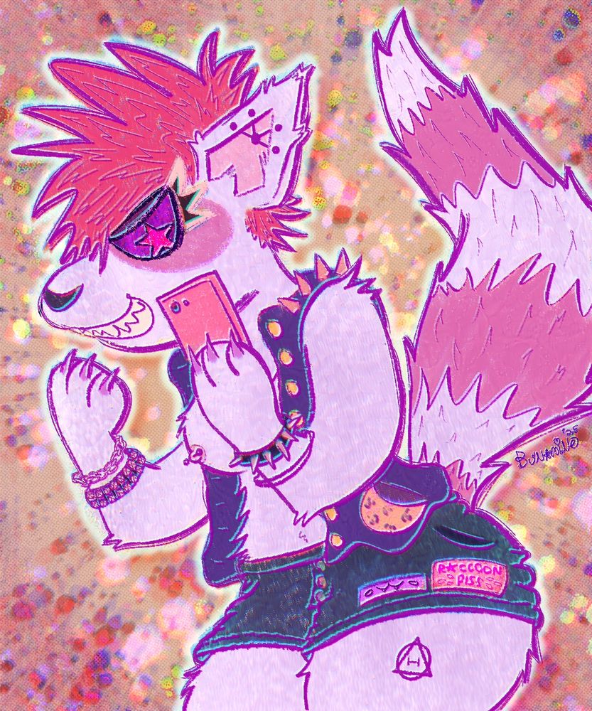 Skrappez, a pink raccoon girl showing her teeth and putting up her claws. She has a spiky vest and no shirt, a therian tattoo on her thigh and short shorts. 