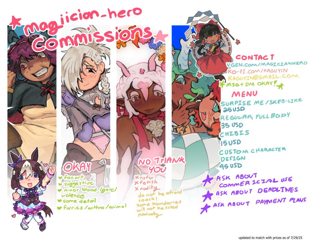 my commission sheet. this has four examples of fullbody drawing as well as two chibis. there is a section for contact that has "vgen.com/magicianhero, ko-fi.com/kaguyin, kaguyin@gmail.com, and msg + dm okay", meaning that privately messaging me is okay! 

there is a menu section that lists my prices. surprise me (also known as skeb-like) start at 25 USD. regular fullbodies start at 35 USD. chibis start at 15 USD, and custom character designs start at 45 USD.

thre is a okay and "no thank you section". i am okay with fanart, suggestive, minor blood/gore/violence, some detail, and furries/anthro/animal artwork. my no thank you section inculdes, nsfw, fetish, and nude art work. there is a note: do not be afraid to ask! some boundaries will not be listed publically. 

at the bottom there is a section that has "ask about commercial use, ask about dedadlines, and ask about payment plans"

in tiny typed letters it reads that this commission sheet is updated to match with prices of 7/29/25