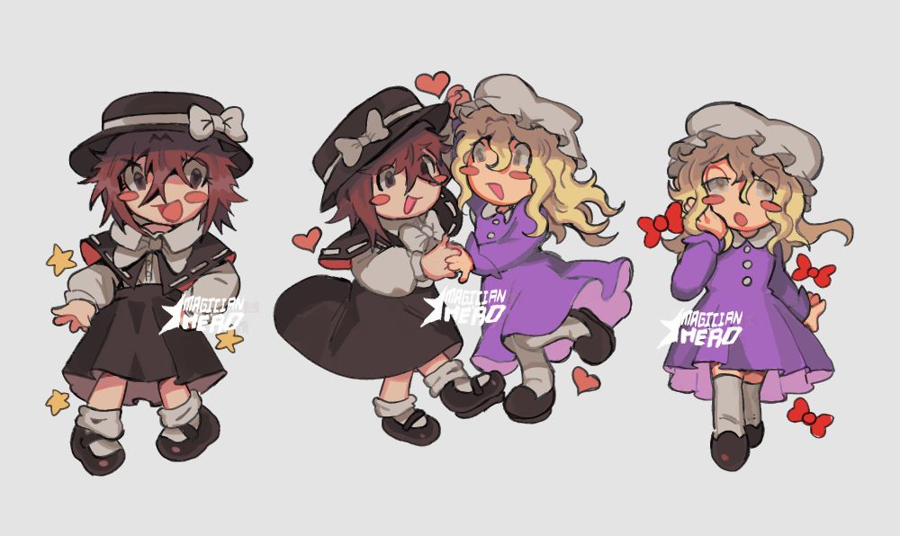 chibis of renko usami and maribel hearn. in two figures they're separated and in one figure they are both dancing.