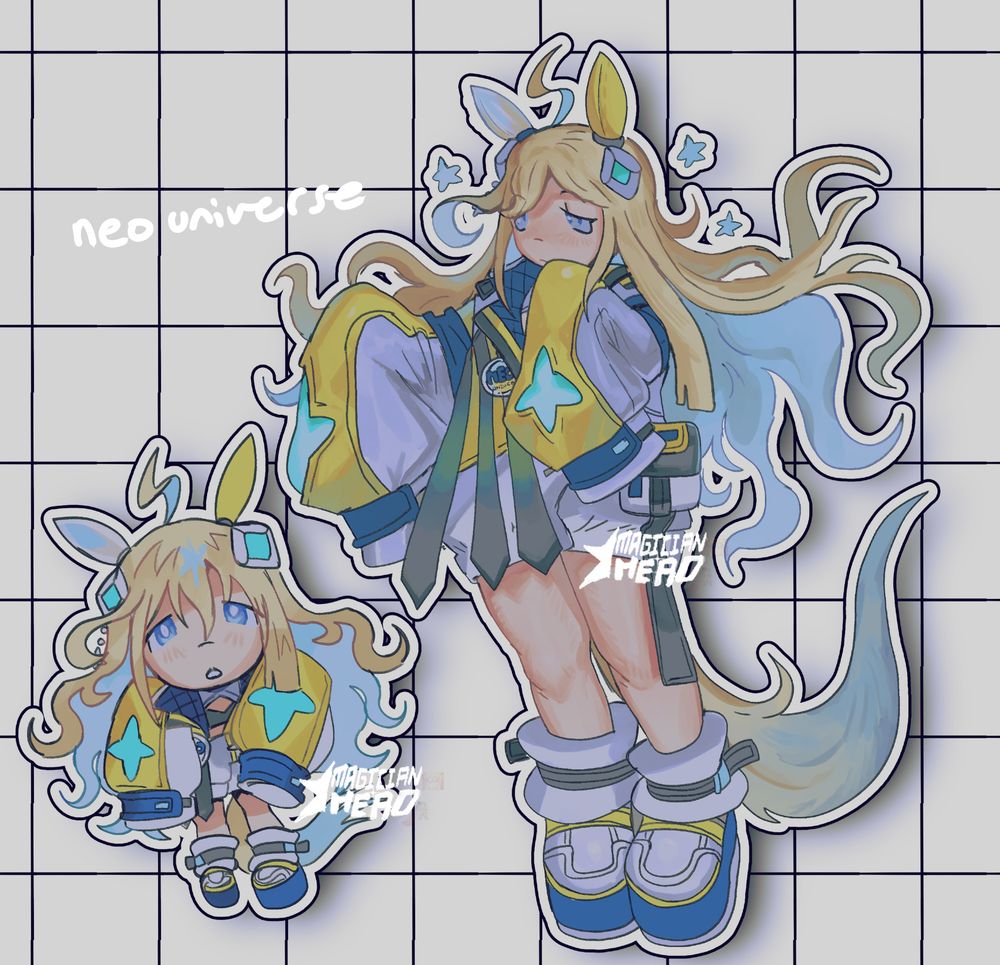 these are drawings of neo universe from uma musume. there is a chibi of her with her normal lost expression, she looks a bit displeased in the full body with her right arm readching slightly forward. neo universe wears a smooth, white and yellow jacket with dark blue patterning on the inside. it looks mostly like a sports jacket. she has white, bllue, and yellow puffy plateform shoes. her ear decorations are glowing hair pieces that have a diamond shape.

the drawings are outlined by a thick white and black outline and the back ground has a simple grid pattern.