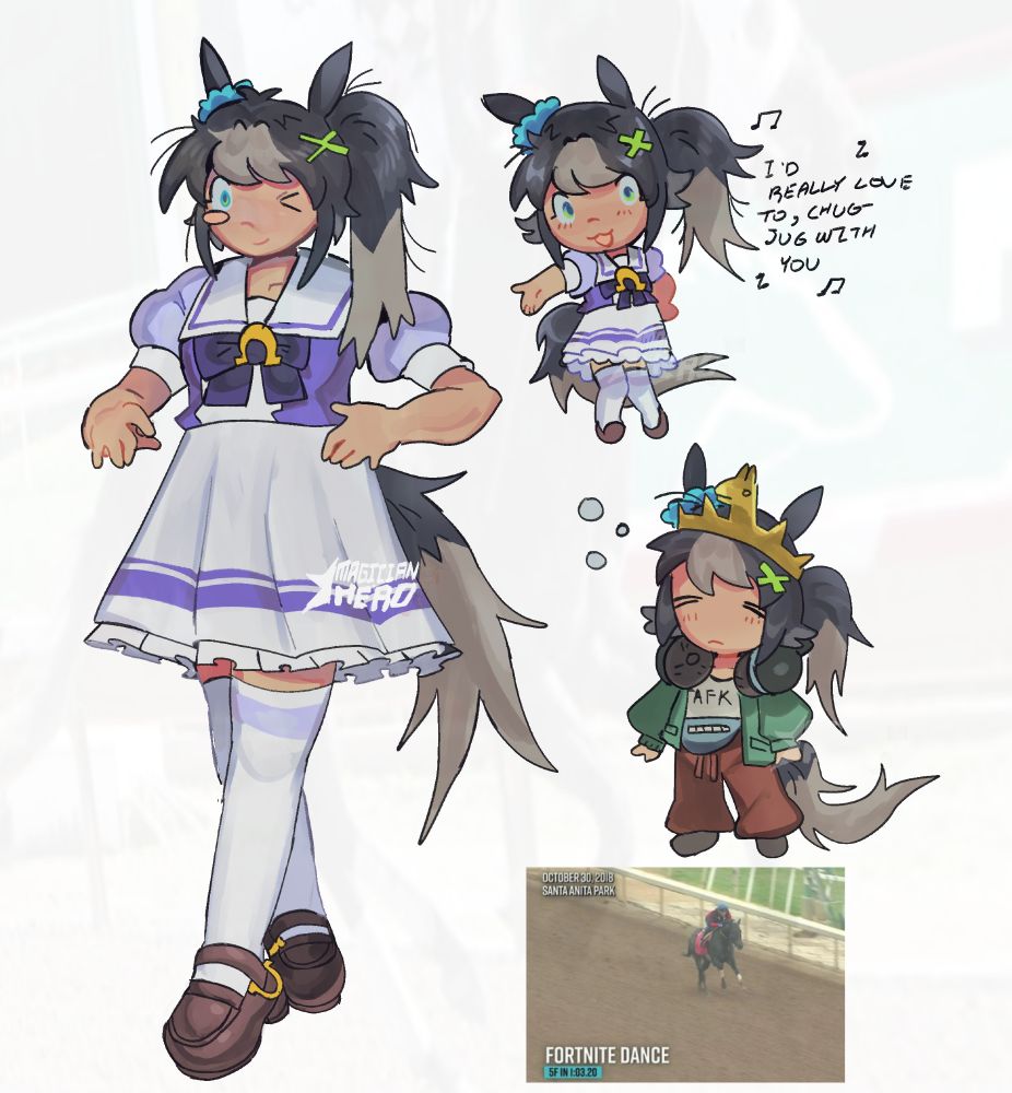 a horse girl in a purple school outfit, specifcally from umamumuse. she has a blue scrunchie and green hair clip shaped like an x and blue-green eyes. she is pictured mid-way through a fortnite dance on the main figure. there are two chibis of her on the right. one is where she is doing a dance-like pose singing "i'd really love to, chug jug with you". the bottom chibi has her sleep in a green hoodie, red sweatpants, and a fortnite battle royal crown. she is also wearing headphones. her t-shirt reads "afk". below is a refernce image for the real race horse named 'fortnite dance'.
