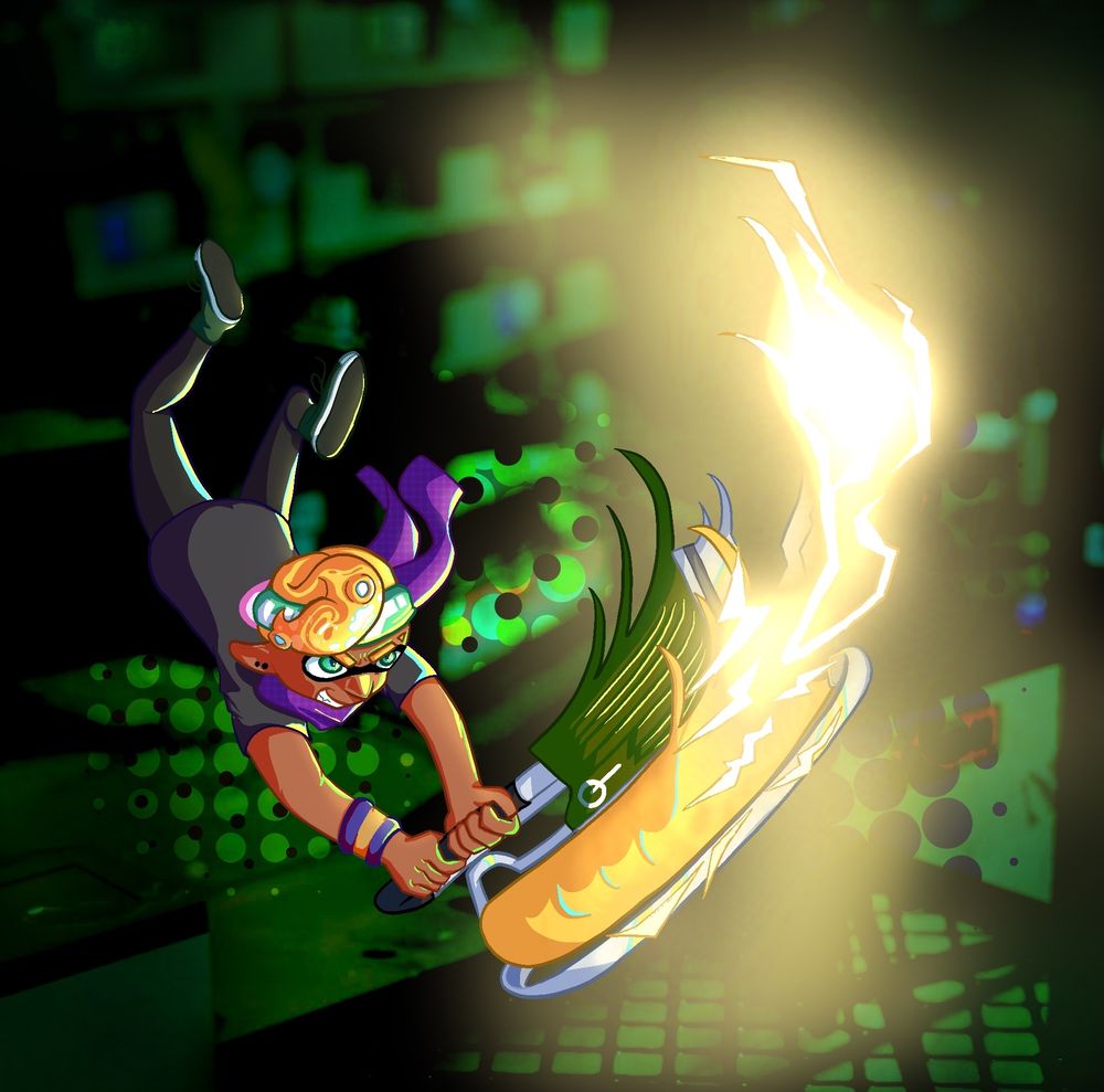 Art of Aznbolt's splatsona, who has yellow hair that is swept through the front of his face, a purple scarf, green headband, purple and yellow arm band, black t-shirt and pants and green hi-top shoes. He is seen swinging a flingza roller so hard that he creates electricity coming out of it. His sona looks distantly at his enemies with a serious yet smug look on his face. The background is of Flounder Heights that is filtered with a dark green and half-toned patterns around the character.