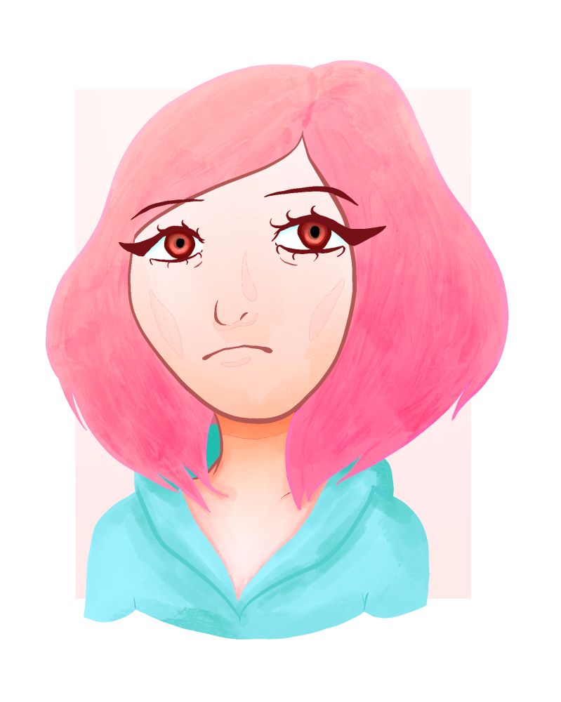 An artwork of my persona who has pastel pink hair and light blue hoodie