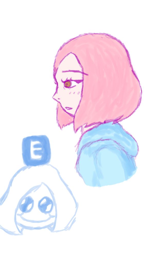 Sketch of a side portrait of my persona who has a pastel pink bob hair and blue hoodie. Also a small sketch of the same persona who has a big smile and puppy-like eyes with an E above her head