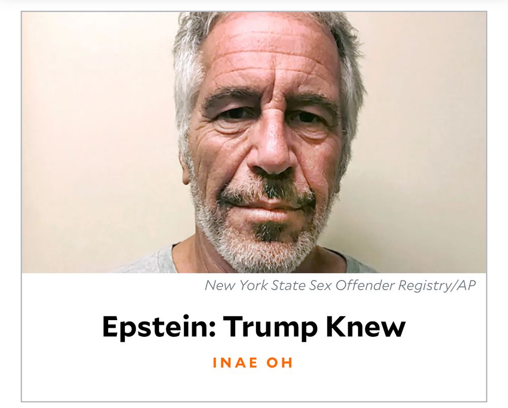 mother jones digital article showing Jeffrey Epstein’s mug shot over the headline “EPSTEIN: TRUMP KNEW”, byline Inae Oh