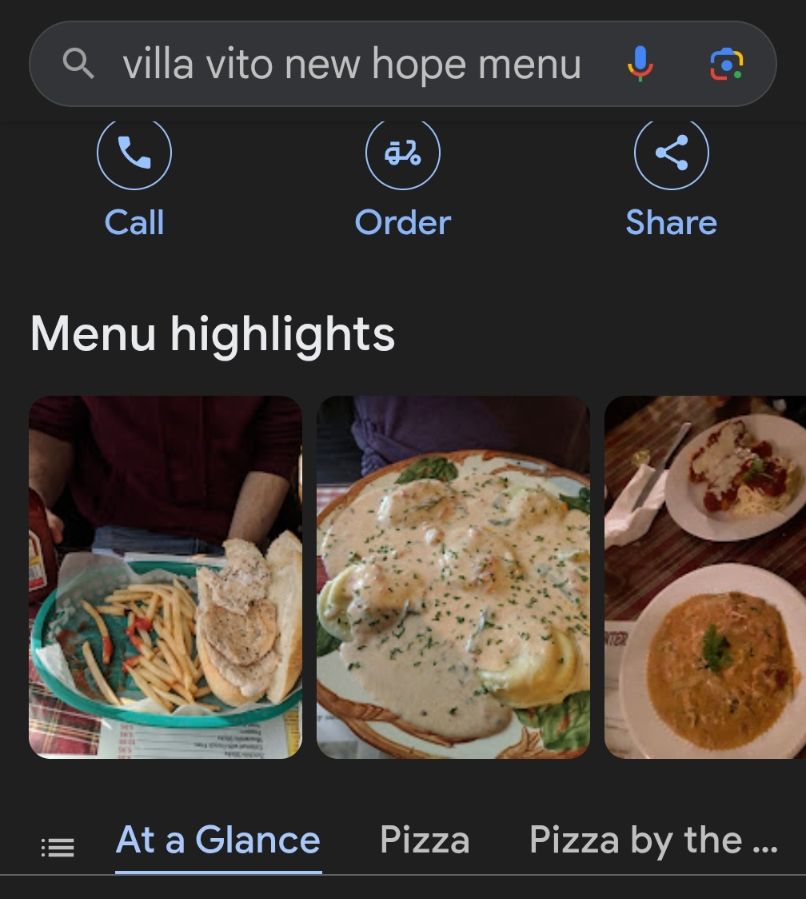 A few pictures of the food from Villa Vito in New Hope. 1 appears to be naked bland chicken in a hoagie roll, no sauce. 2 maybe ravioli swimming in so much goopy white sauce it looks like bad soup, 3 a bowl of unidentifiable brown sauce, and a plate of something Parmesan with spaghetti.