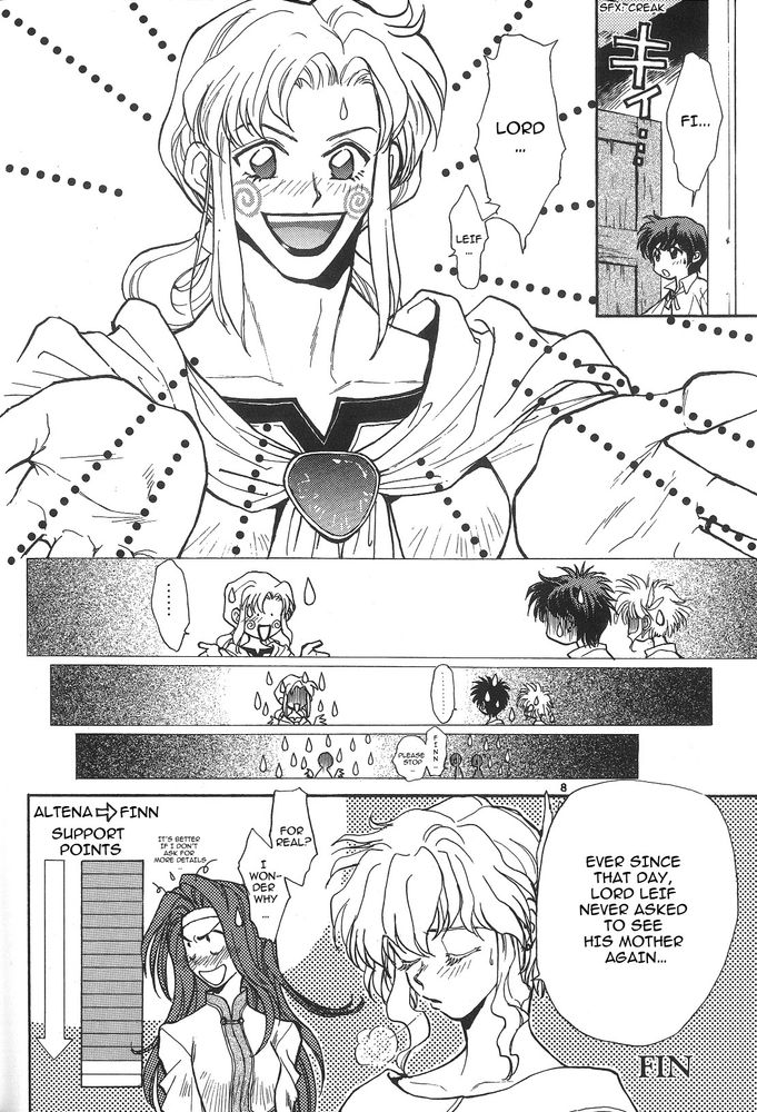 the final page of a jugdral omake where a young leif cries to see his mom so finn dresses up as ethlyn