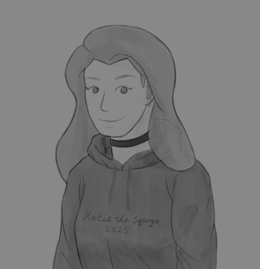 Image depicts a shaded sketch of what I would look like if I wasn't a dog all the time, wearing a hoodie (bearing my signature), a choker and a couple earrings.