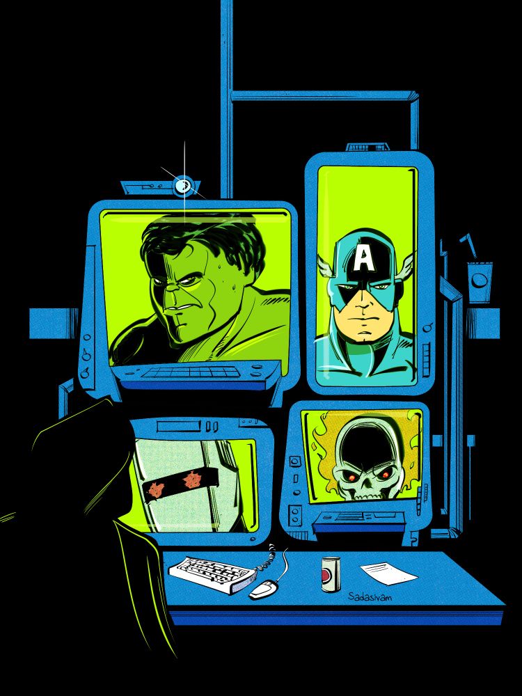A mysterious foe looks at a series of displays, each of which contain a Marvel hero: ROM, Spaceknight, The Hulk, Ghost Rider and Captain America.