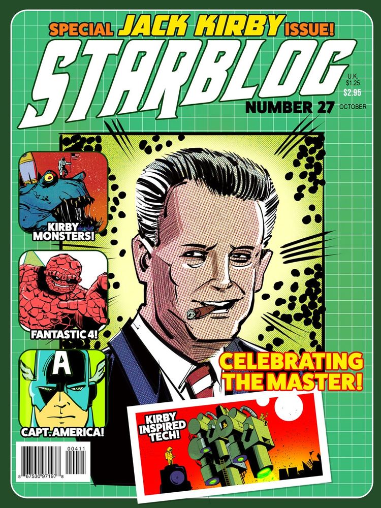 a mock-up cover "Starblog" featuring Jack Kirby, with inset images showing a Kirby-esque monster, The Thing, Captain America and some Kirby inspired tech.