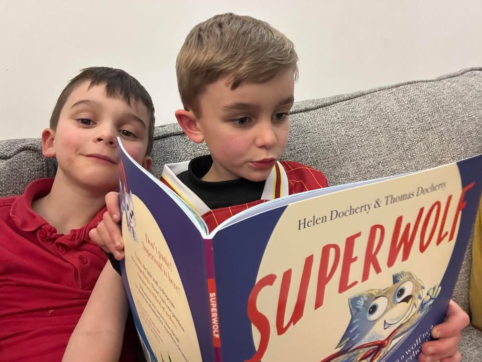 Two brothers reading Superwolf by Helen and Thomas Docherty