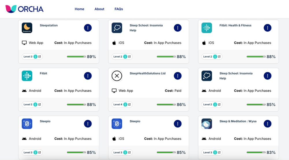 A screenshot of the apps that relate to sleep in ORCHA's library. Sleepstation is ranked first.
