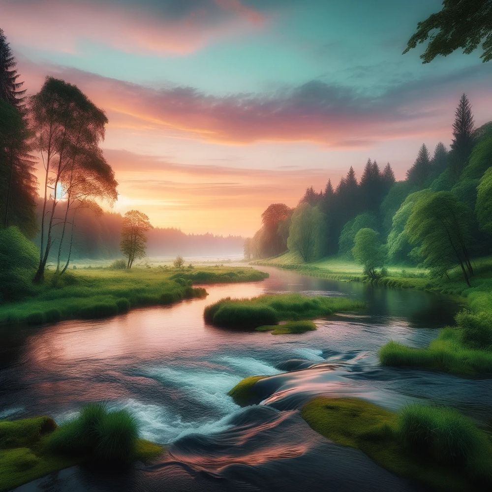 ChatGPTが生成した画像。穏やかな流れる川と、柔らかな夕暮れの光の下で緑豊かな木々に囲まれた、心が休まる風景です。