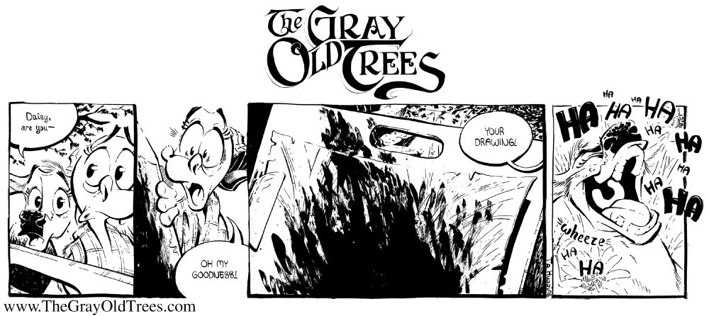 The most recent TGOT comic strip, part 55 in the ongoing story arc Deer-ly Beloved.  Junebug and Clover discover that Daisy has spilled ink across her drawing.