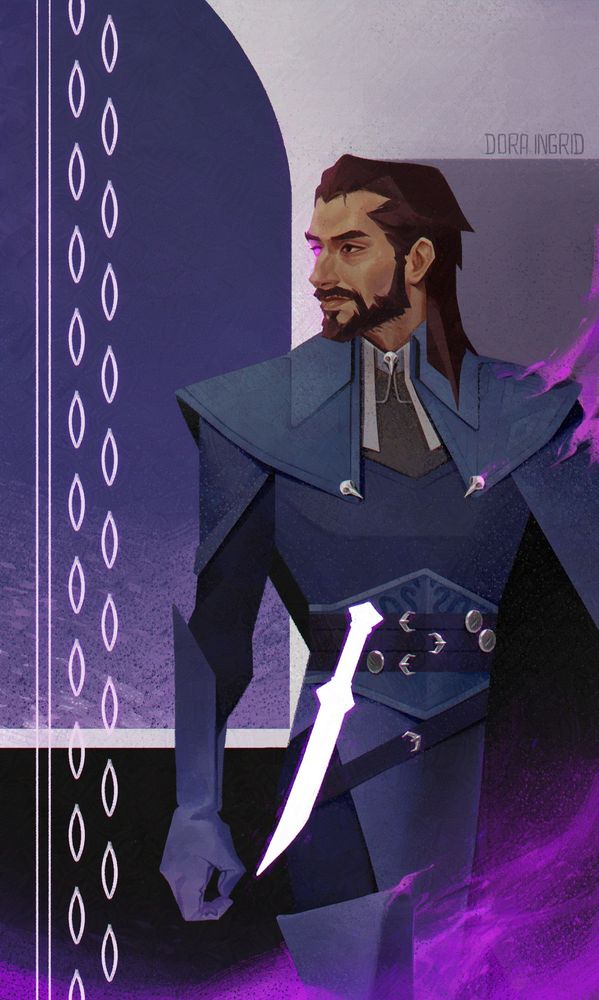 Dragon Age Veilguard tarot inspired illustration by Dora Ingrid, featuring Lucanis Dellamorte, an antivan crow rogue, standing on the right side of the painting, turned to face the left. There's a purple smoke covering the bottom of the painting, flowing upwards in the corner. There's traces of the same purple coloured smoke manifesting on the right shoulder, flowing out of the border. The colour scheme is purple/blue with flat white patterns.