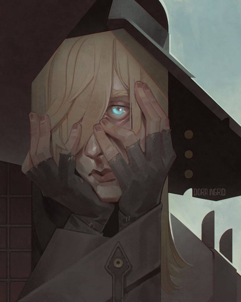 stylised portrait of Cole from Bioware's Dragon Age: Inquisition
his expression is neutral but borderline melancholic, sad. 
he is holding his head with both hands, covering most of his face with palms but one eye is peeking between the fingers of his left hand, the other is covered by blonde hair. his eye is the focal point of the image.
he is wearing old fingerless gloves, stylised armor and a hat with a very wide rim that covers most of the space around him. colours are washed out, desaturated, with the one peeking eye being bright blue like the sky behind him.