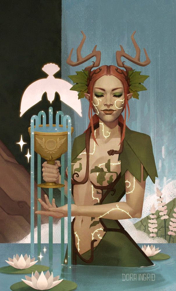 Tarot card illustration of Zethino, a dryad from Baldur's Gate 3, representing the Ace of Cups card.

Zethino is standing in a lake, holding a cup with 5 streams of water falling out of it, she's facing forward, eyes closed, reminiscing, she's surrounded by water lillies, a tree behind to the left and a waterfall behind her. A stylized white dove is directly above the chalice. The atmosphere is calm, serene, introspective.

Zethino has red hair nicely parted in the middle, a big headpiece with leaves and antlers, pale green skin with glowing vines and her outfit is a dress made out of leaves and vines.
