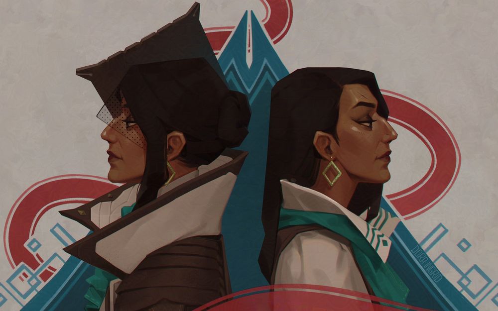 illustrated double portrait of Neve Gallus from Dragon Age Veilguard. she's drawn back to back from the side profile, to the left is Neve in her default armor, to the right is her in her casual outfit
the background behind her is made from elements inspired by her faction - shadow dragons