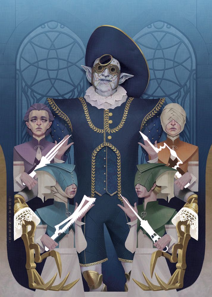 stylized symmetrical illustration of Malus Thorm (middle figure) and his 4 nurses, from Baldur's Gate 3
the nurses look sickly, each holding her tool/weapon of choice, the surgeon in the middle has a menacing grin, surrounding the characters with his mechanical arms
