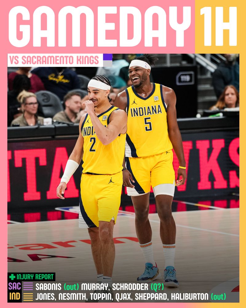Affiche de présentation du match du soir.

1 heure du matin
VS Sacramento Kings

Injury report :

Sacramento -- 
Sabonis (out)
Murray, Schrodder (game time decision)

Indiana --
Jones, Nesmith, Toppin, Quenton Jackson, Sheppard, Haliburton (out)