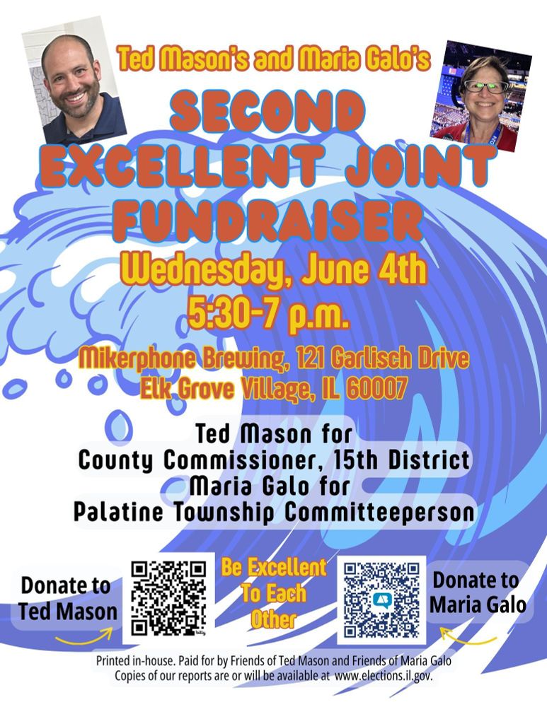 Ted Mason and Maria Galo's second excellent fundraiser! Tomorrow, June 4 at 530pm at Mikerphone Brewing in Elk Grove Village Illinois. Egtdems.org 