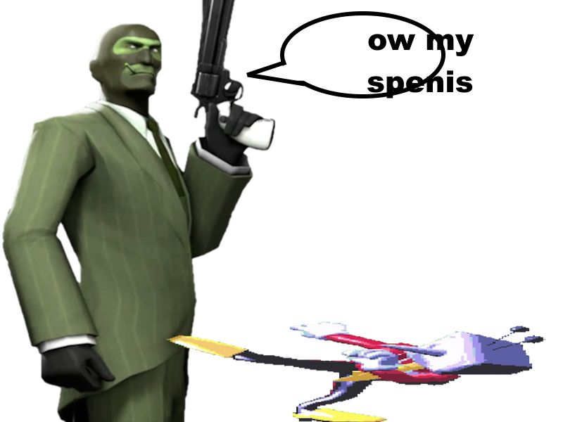 TF2 Spy but green getting kicked in the nuts by Tenna from Deltarune but squashed and saying "ow my spenis" with the text not aligned with the speech bubble