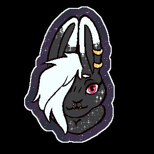 A headshot of an anthropomorphic rabbit, rendered in a crunchy pixelated style. The rabbit is black with white ear-tips, white hair, and white freckles in the shape of stars. her eyes are Folly Red. She has two golden earrings in her left ear, and a golden septum ring. the background is space themed, and everything is surrounded by a white border, giving the piece the appearance of a sticker.