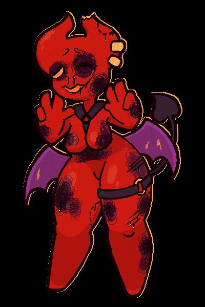 The same imp as before, but now significantly more brutalized. One eye is swollen shut, and she is covered in bruises, claw marks, and bites. One of her horns has been snapped off at the tip, and her wings are torn. She is missing her nose ring, implying it was ripped out.