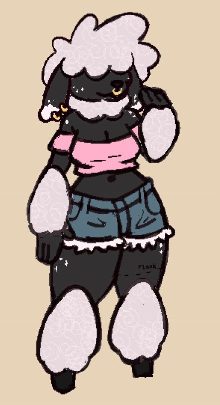 a somewhat messy sketch of an anthropomorphic valais sheep. She had a pink crop top and blue daisy dukes, and her eyes are not visible. She has star freckles on her thighs and shoulders.