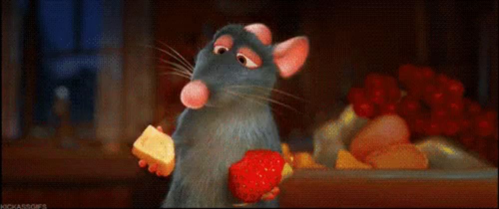 a rat from the movie ratatouille is eating a piece of meat .