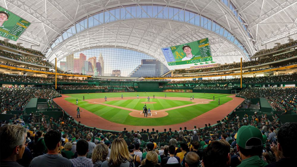 Rendering of new Athletics ballpark in Las Vegas, as seen from the grandstand.