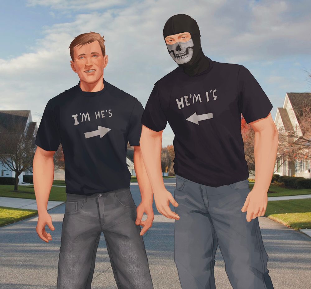 Graves stands to our left smiling and Ghost stands to our right in his skull balaclava, both on a residential street background. They’re wearing watching shirts that say “I’m he’s” and “He’m I’s” respectively.