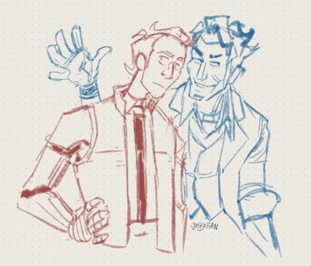 digital art, fanart. sketch of rhys looking off screen left and jack hovering and talking in his ear