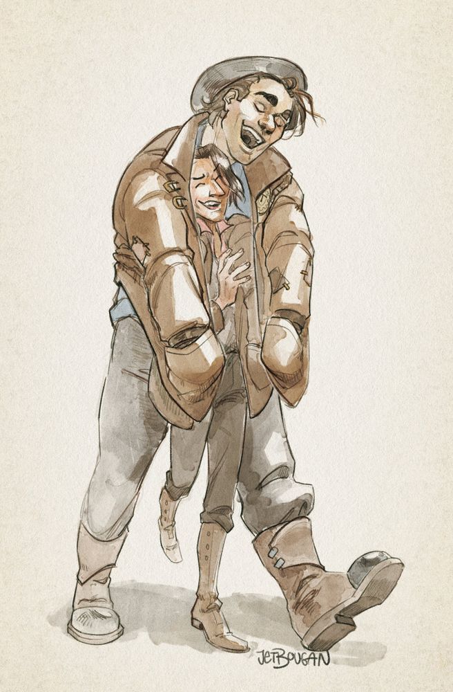 digital art, arcane fanart. pre-series miner Vander and Silco walking, Vander has his hands in the pockets of his coat while he's wearing it and has it pulled forward around Silco. they're laughing and goofin