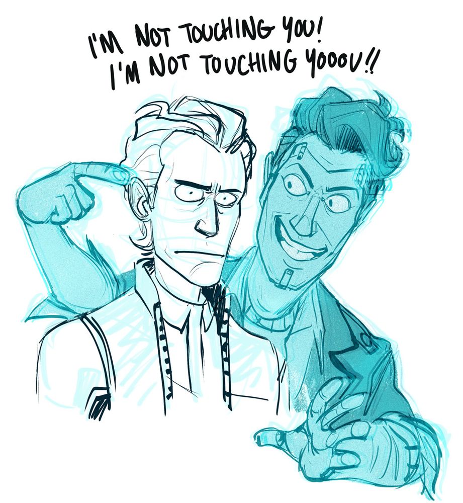 digital art, rhys from tales from the borderlands with a real thousand yard stare, as AI Handsome Jack goes "I'm not touching you! I'm not touching yooooou!!"