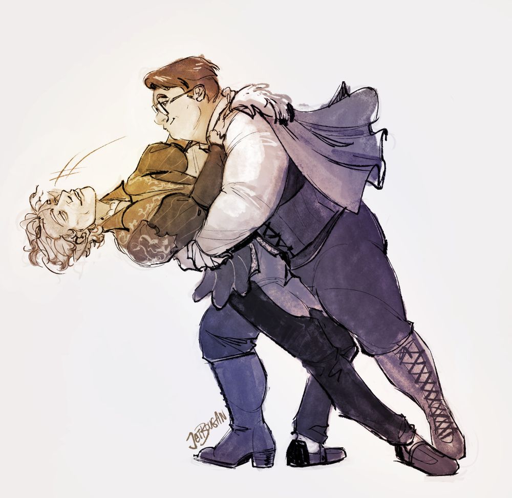 digital art, client's character Barry dancing and dipping Astarion from BG3