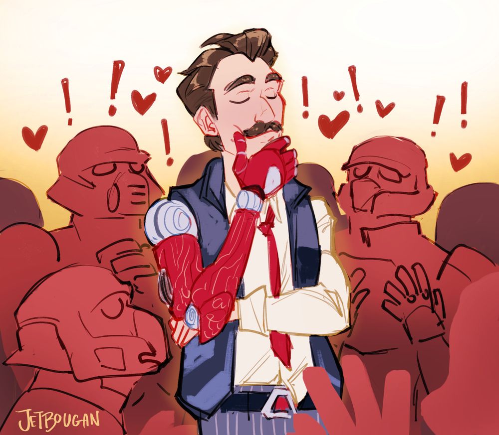digital art - borderlands 3 era rhys, with mustache, surrounded by adoring atlas troops